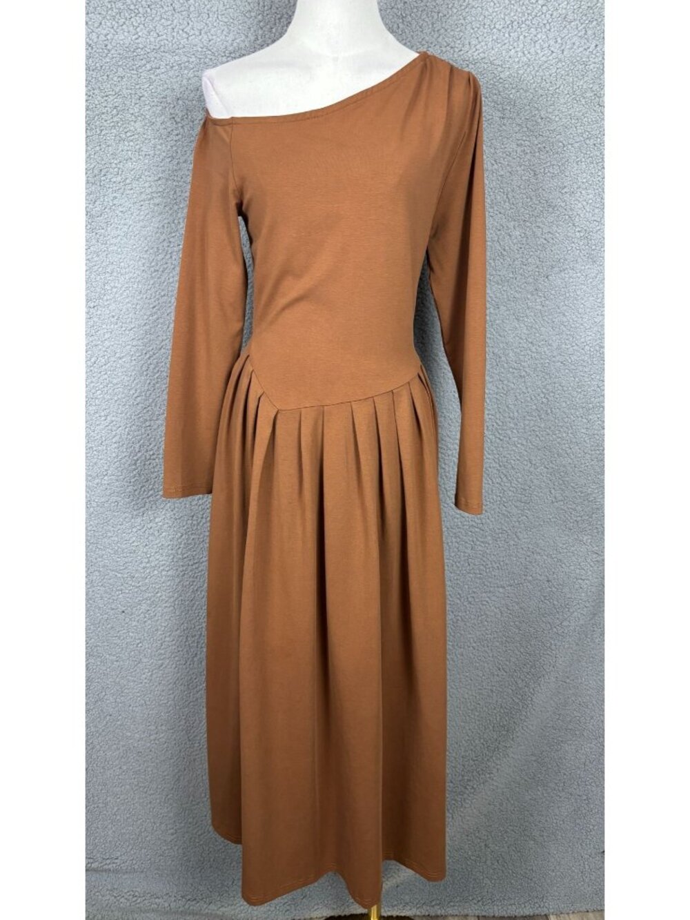 MEROKEETY Women's Fall Long Sleeve One Shoulder Pleated Midi Dress Brown Med NWT